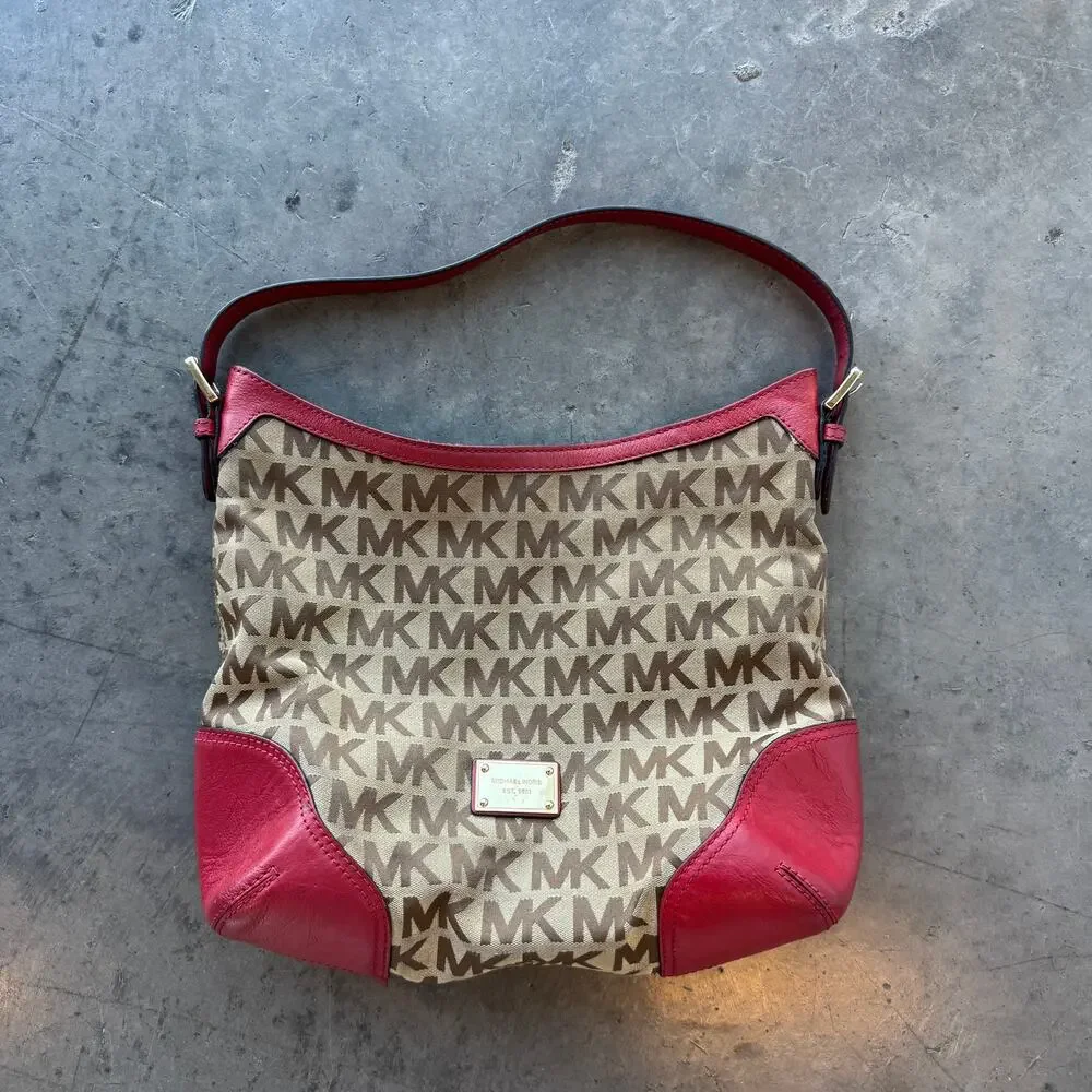 MICHAEL Michael Kors Millbrook Signature Jacquard Large Red Shoulder Hobo Bag